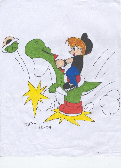 Joelle riding Yoshi