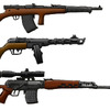 2 russian rifles and a submachine gun