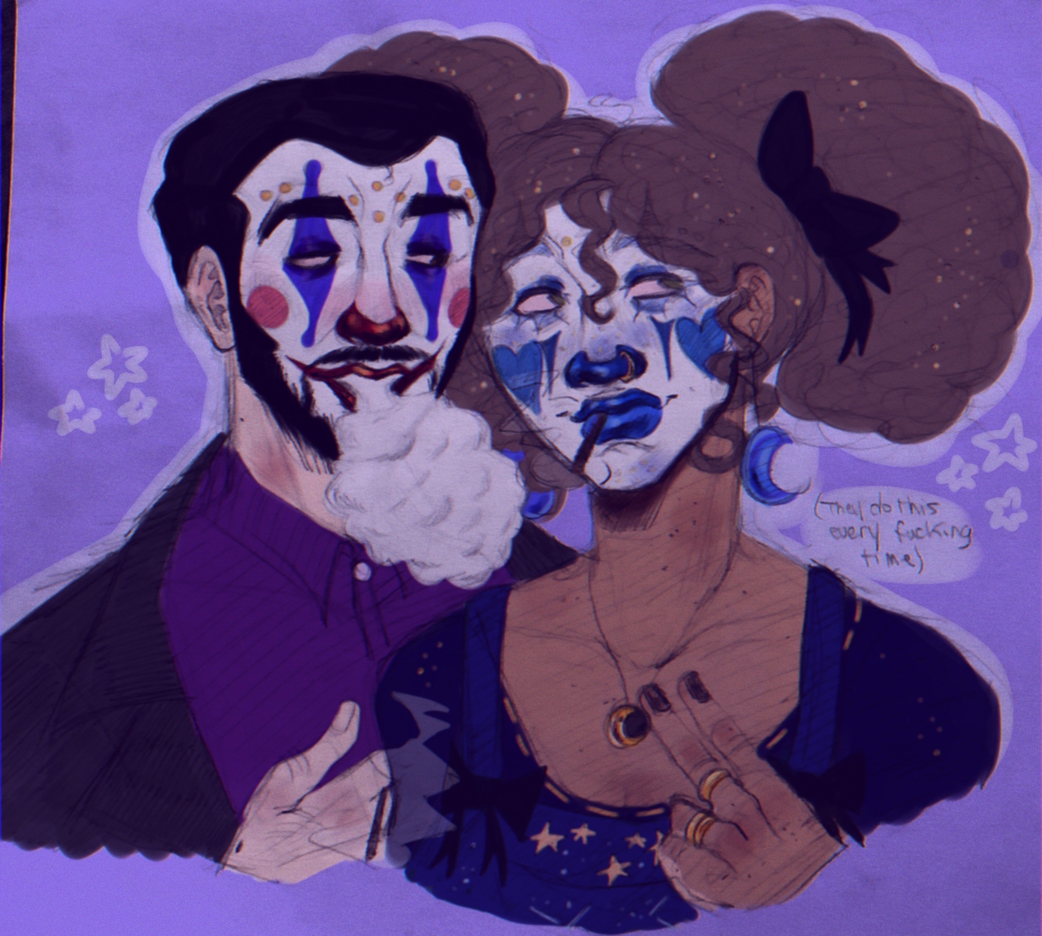 Martin GreyWhinder/Mari Faucher get high for pride. 🤡🐻☀️🌙 (Harmony and Horror)