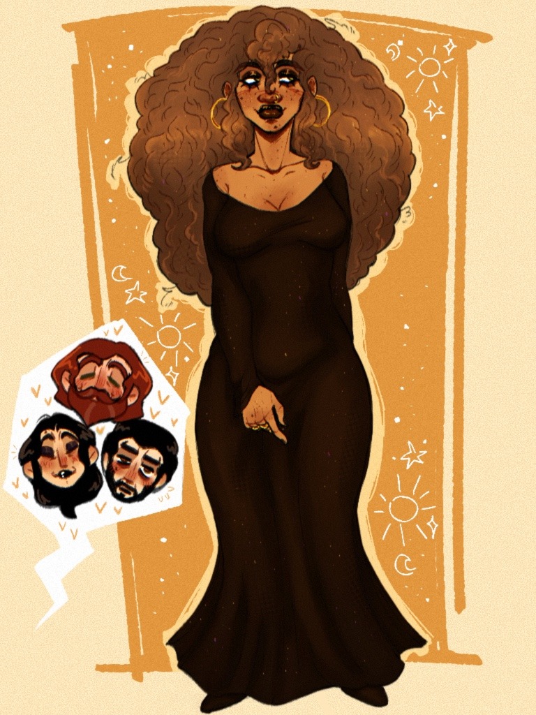 Mari wears a black dress, Gloria, Arthur, n Martin GreyWhinder react (Harmony and Horror)