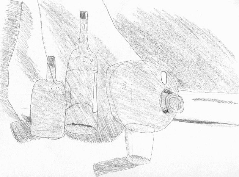 Still life of bottles and glass